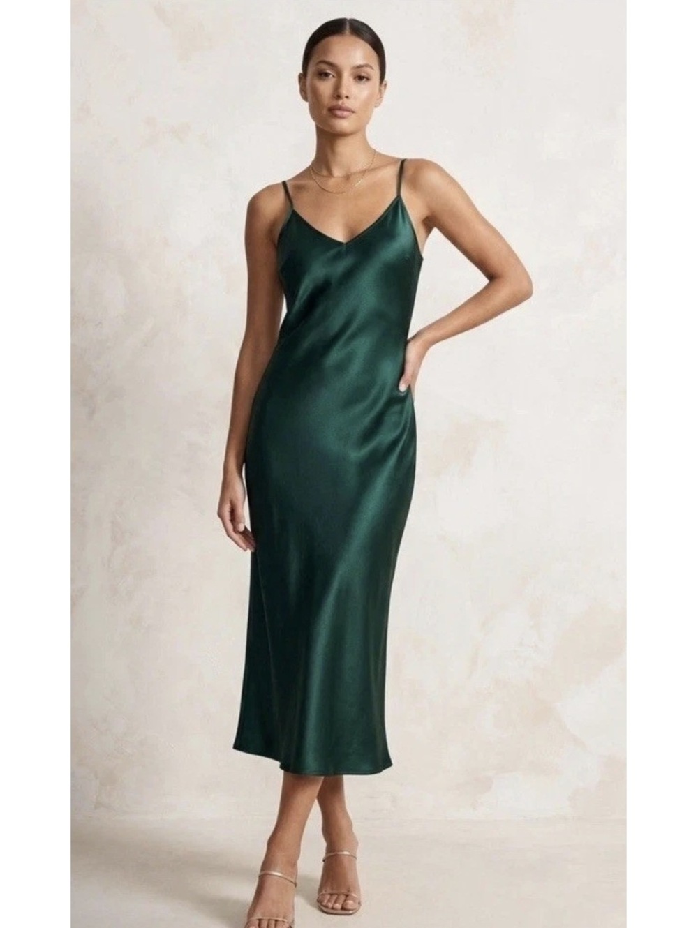House of Harlow 1960 Satin V-Neck Slip Midi Dress Dark Green Womens Small